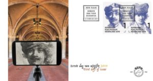 Speciaal ontwerp van de eerstedagenvelop ter ere van 350 jaar Rembrandt van Rijn. Ontwerp: Nederlandse Vereniging van Postzegelhandelaren